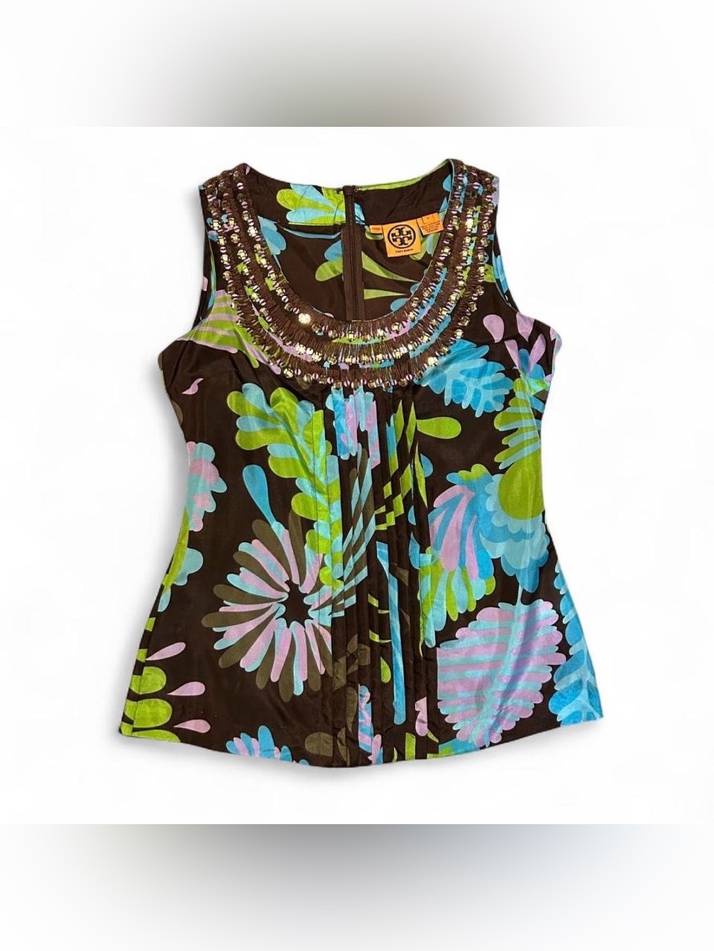 Tory Burch Brown Floral Embellished Scoop Neck Tank
